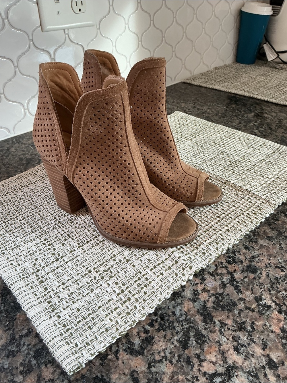 Lucky Brand Tan Suede Peep-Toe Perforated Booties